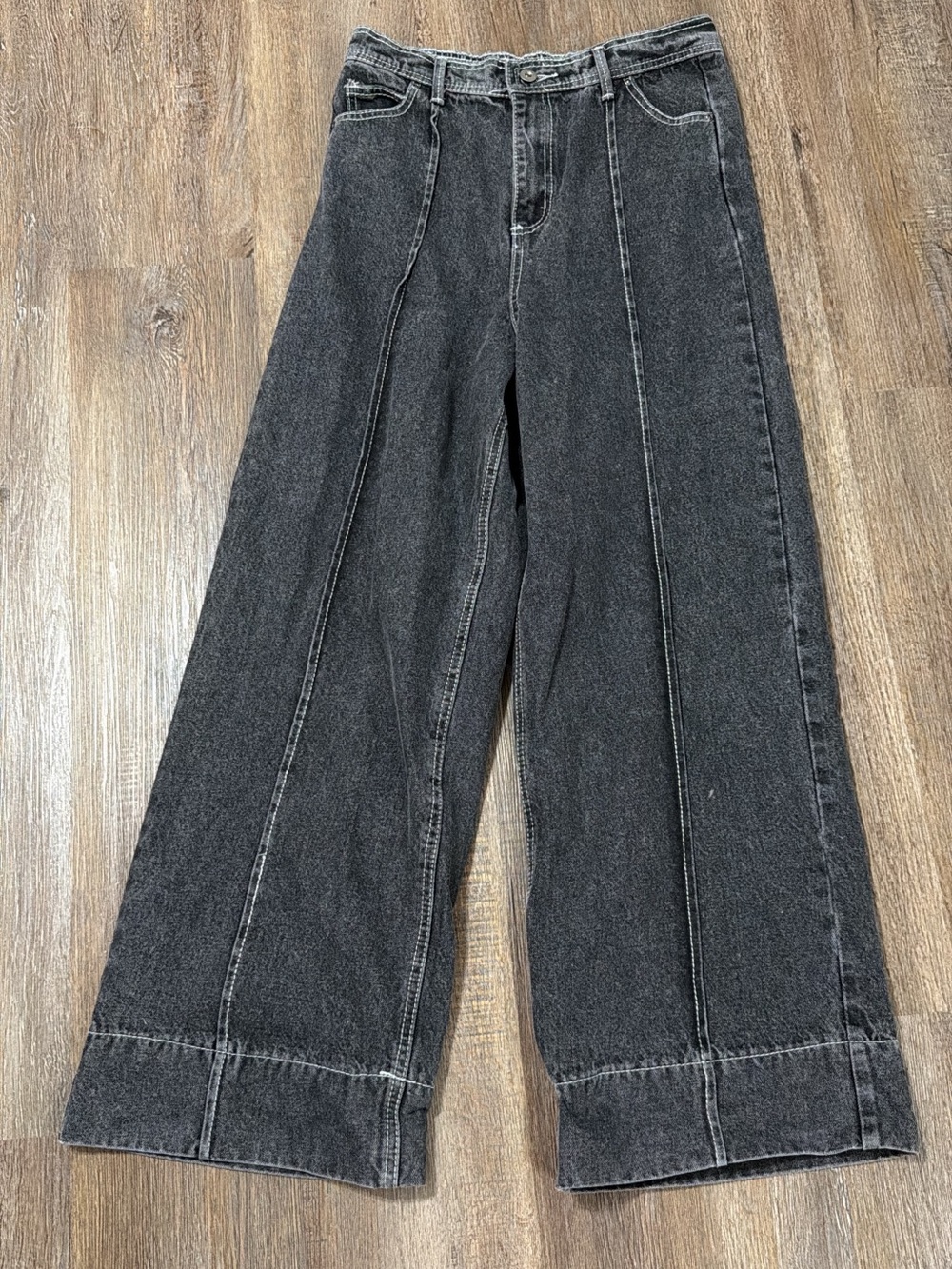 Wide Leg Paneled Black Washed Denim Jeans